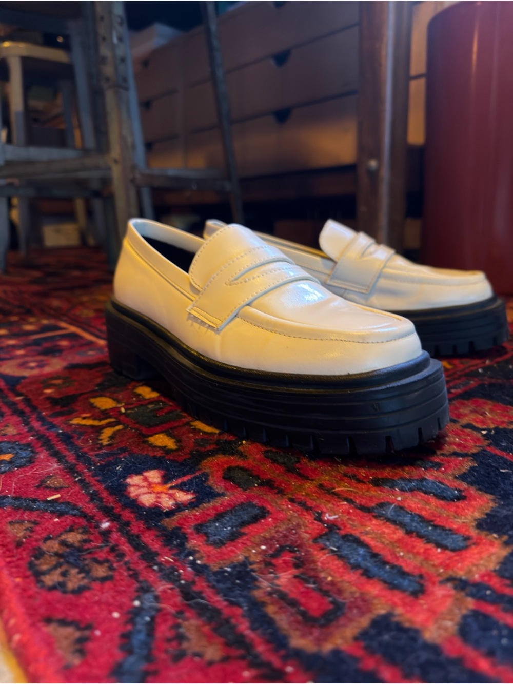 Aloha Platform Penny Loafers in Cream with Black Soles